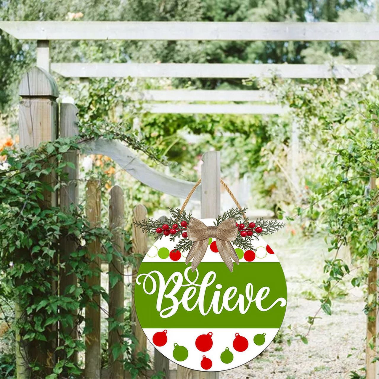 Eveokoki Believe Door Hanging Sign 11 inch Wooden Wall Sign, Rustic Holiday Wreath Decor for Front Door Porch Home Window Wall Farmhouse Decorations