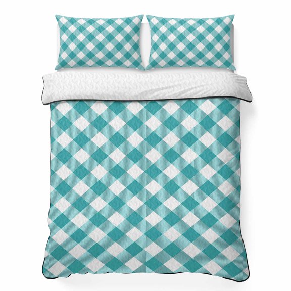 Pastoral Style 3 Piece Quilt Bedding Set with 2 Pillow Shams, Teal Green Lattice Lightweight Bedspread Coverlet, Soft Breathable All Season Quilt, 68 x 86 Inch