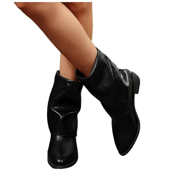 Mid Calf Fold Over Boots for Women 2025 Fashion Pleated Leather Pointed Toe Chunky Heel Slouchy Short Boots Black Size 6.5