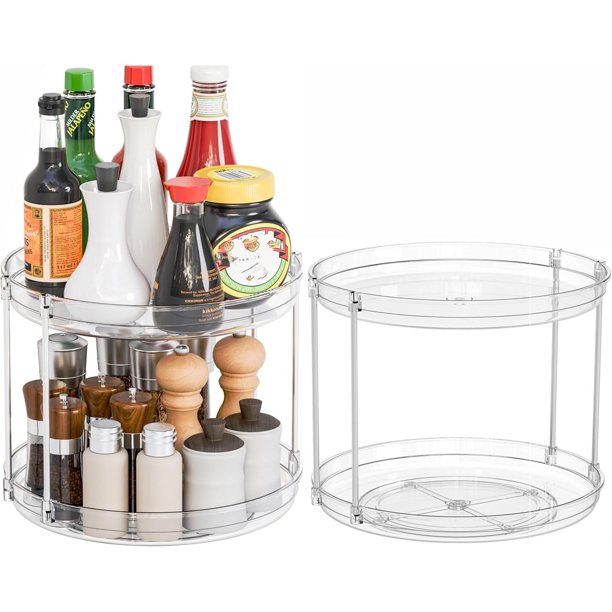 Organizador Lazy Susan de 2 niveles para encimera, paquete de 2 estantes para gabinete y despensa, doble plato giratorio de especias transparente y organizador
