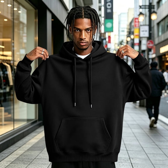 LNZGNM Hoodie Sweatshirt for Men Casual Hooded Pullovers Fashion Baggy Drawstring Long Sleeve Sweatshirts Winter,Black (L)