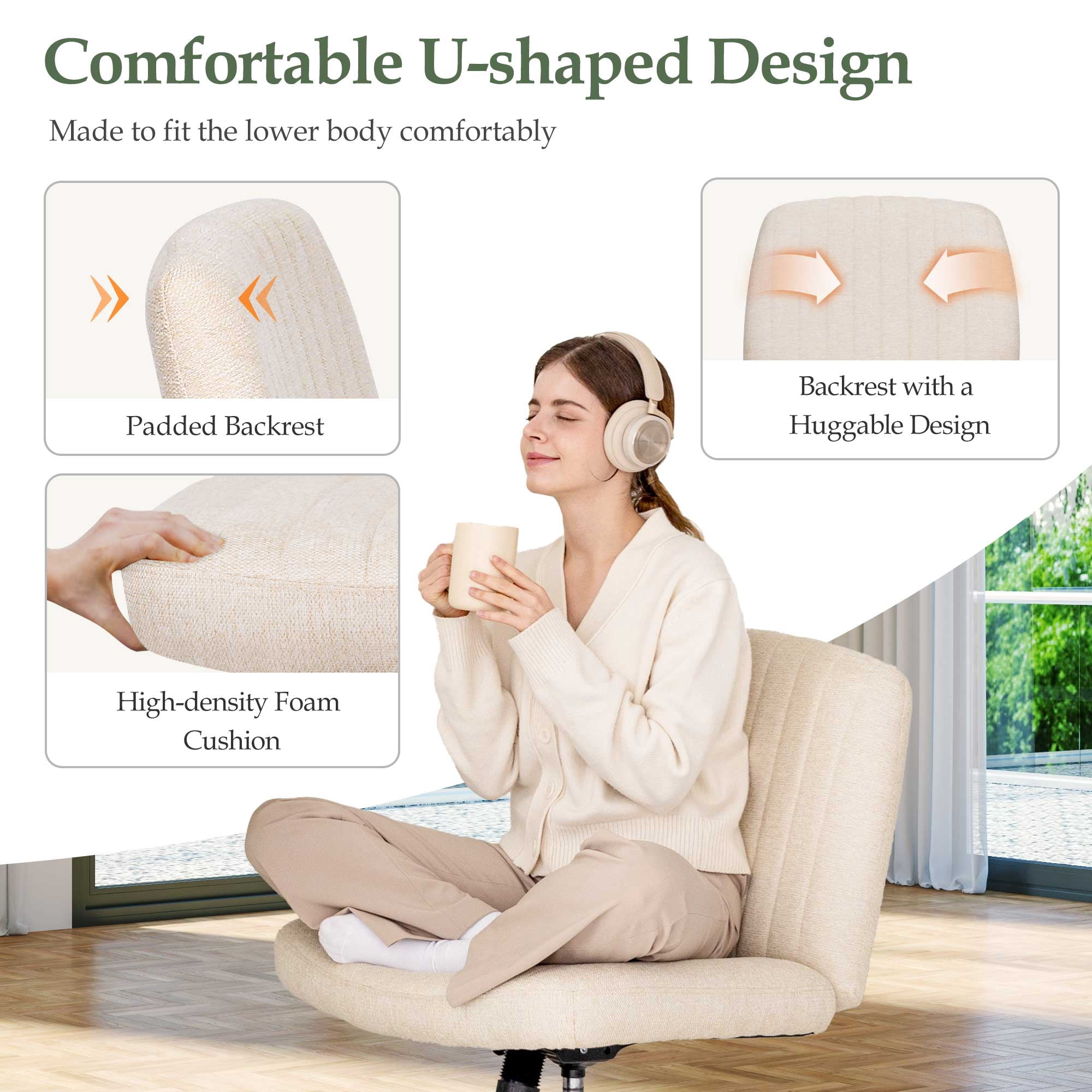 Orange Factory Criss Cross Chair Wheels Wide Cross Legged Office Desk Vanity Dual Base Comfy Fabric Armless Adjustable Swivel for Home Computer Task (Beige Dual Base, Fabric)