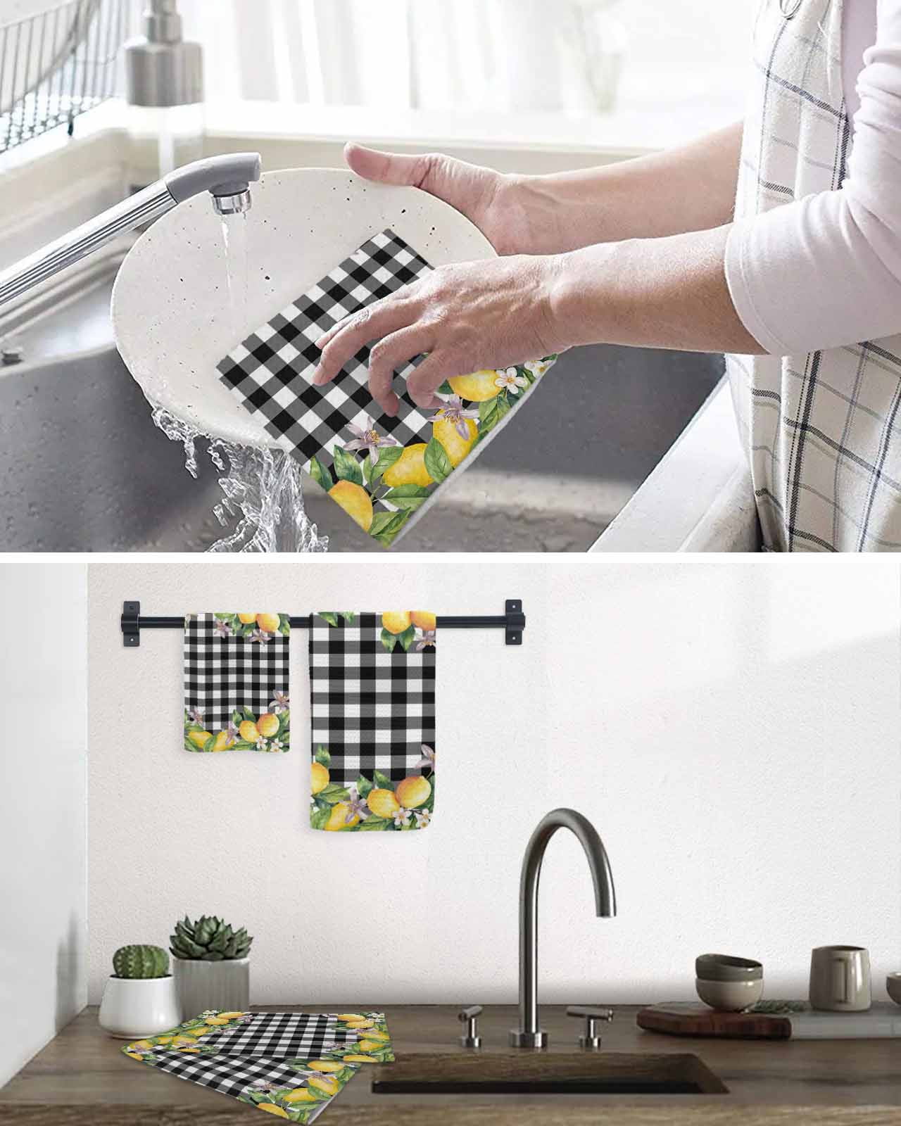 Lemon Hand Towels Set, Waffle Weave Kitchen Towels 2 Pieces, Black Plaid Check Yellow Fruit Flower Floral Microfiber Hair Face Bath Tea Towel Absorbent Quick Drying Cleaning Dish Cloths 15.7"x23.6"