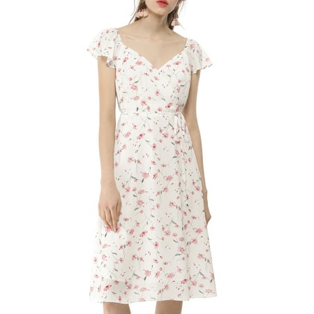 Ladies' Flower Ruffle Sleeve V Neck Side Slit Chiffon Dress