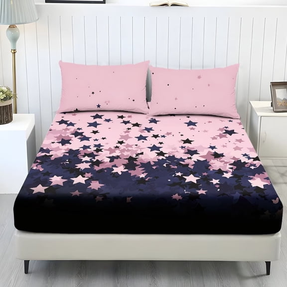 ZIATUBLES Pink Navy Star Print King Sheet Set, 3 PCS Soft Cozy Bed Sheet Set, Breathable Cooling 9.8" Standard Pocket, Easy Care Bedding for Bedroorm(1 Fitted Sheet, 2 Pillowcase)