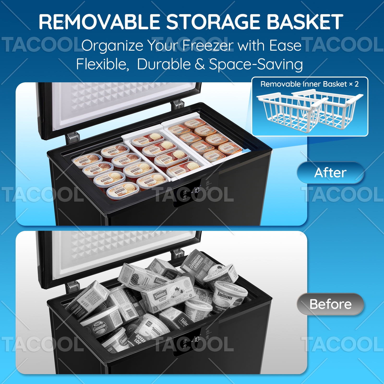 4.4 CU FT Mini Chest Freezer with 2 Removable Baskets Small Deep Freezer with LED Temperature Control For Office, Black