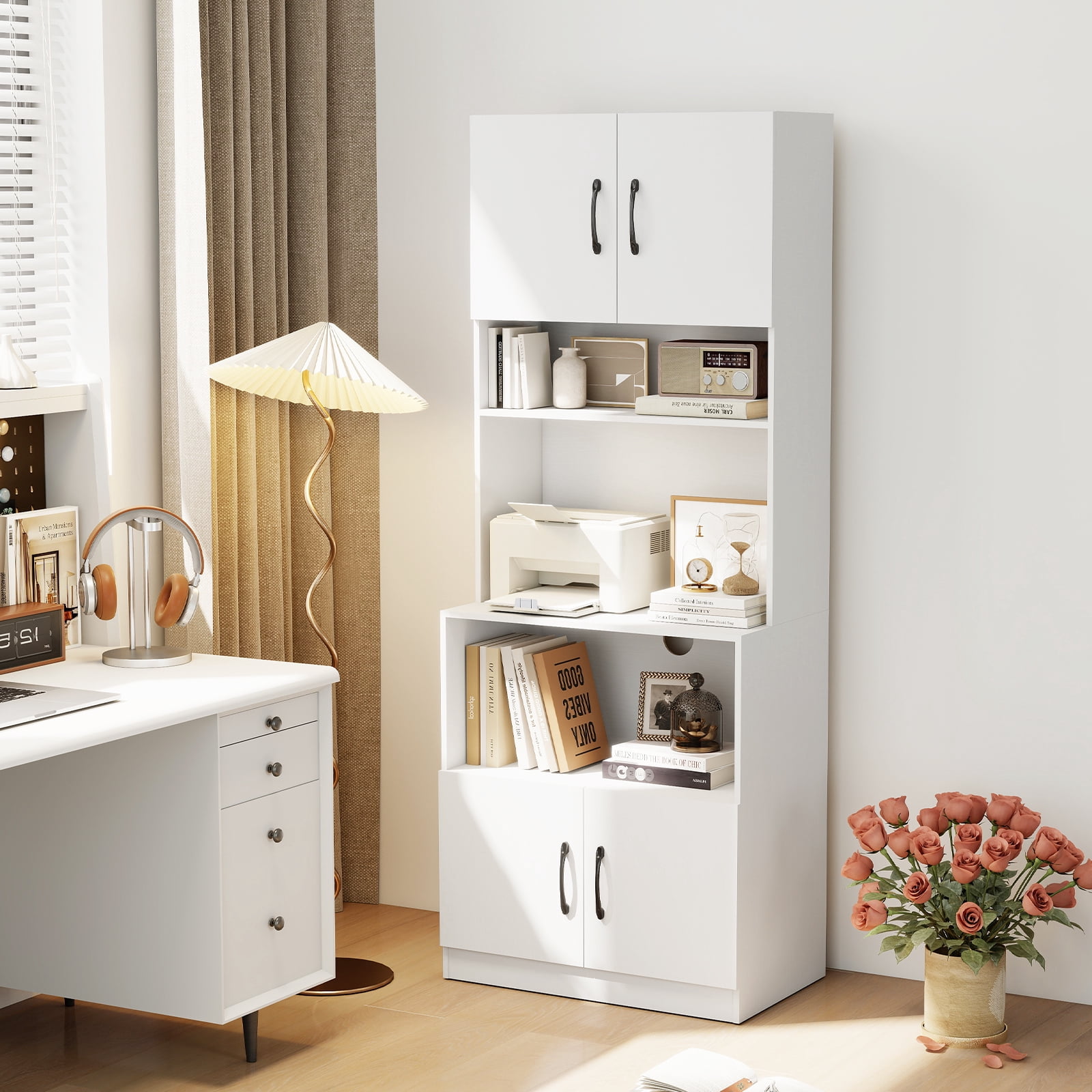 Costway Kitchen Pantry Cabinet with Charging Station, Adjustable Shelves and Doors, White