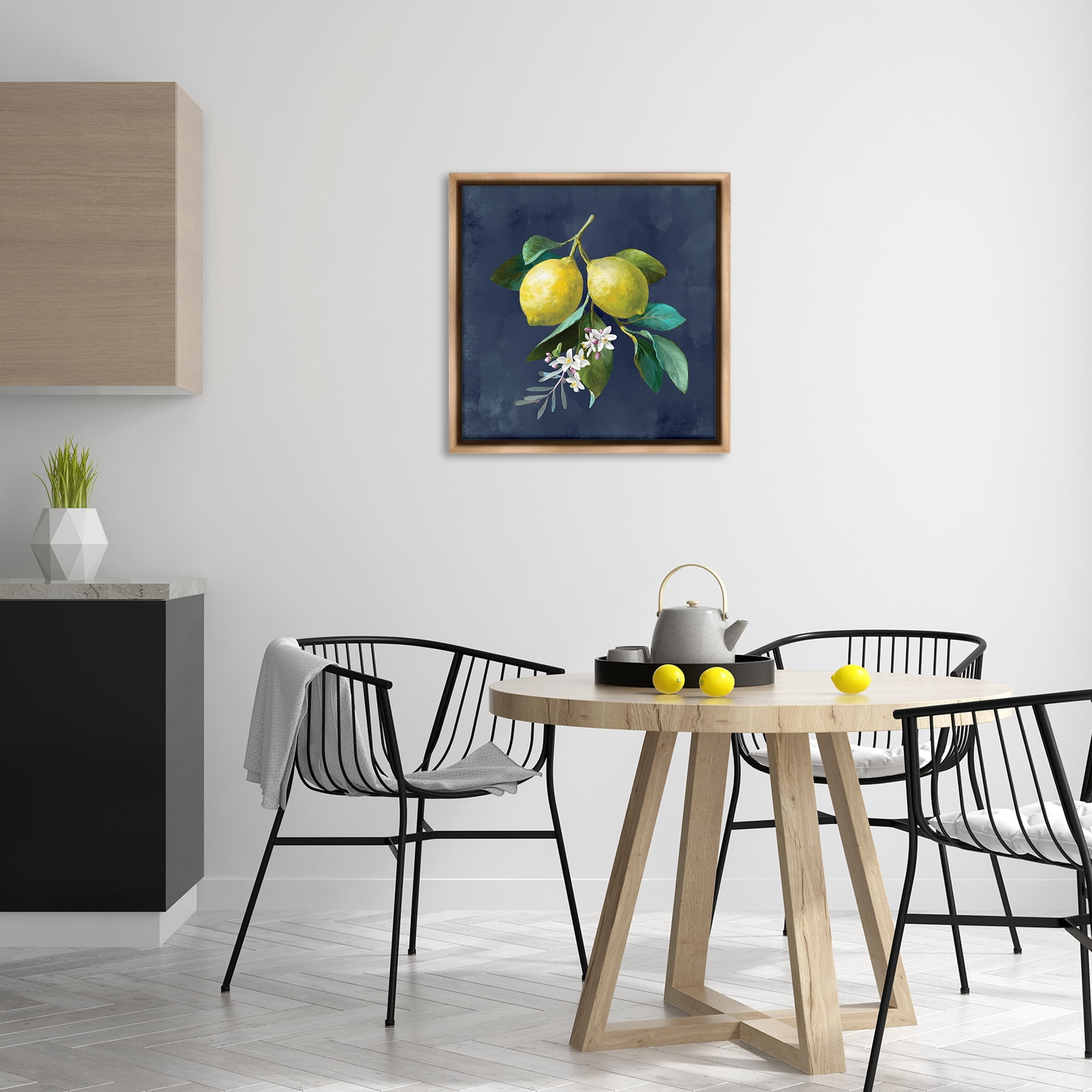 Stupell Industries Lemon Branches on Blue Food & Beverage Painting Brown Floater Framed Canvas Art Print Wall Art, 25 x 25