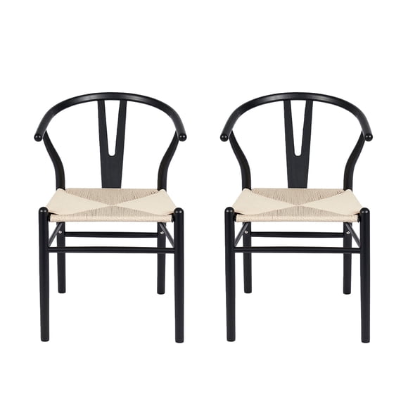 Ilios Innova | Juego de 2 sillas de comedor Bone con estructura negra de madera de haya y asiento de cuerda de papel tejido resistente, diseño minimalista moderno para comedor