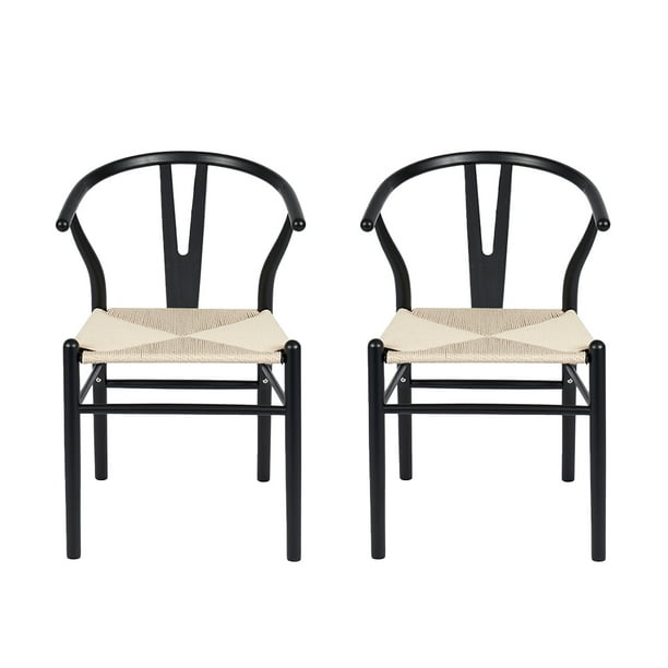 Ilios Innova | Juego de 2 sillas de comedor Bone con estructura negra de madera de haya y asiento de cuerda de papel tejido resistente, diseño minimalista moderno para comedor