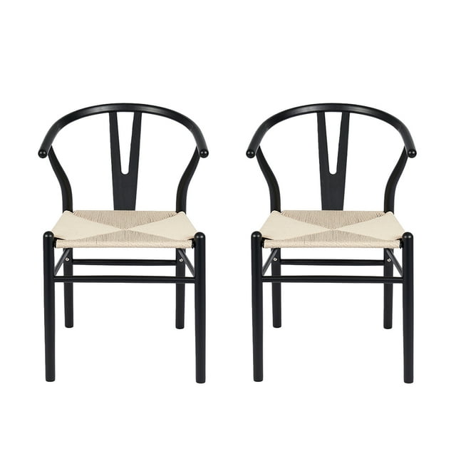 Ilios Innova | Juego de 2 sillas de comedor Bone con estructura negra de madera de haya y asiento de cuerda de papel tejido resistente, diseño minimalista moderno para comedor