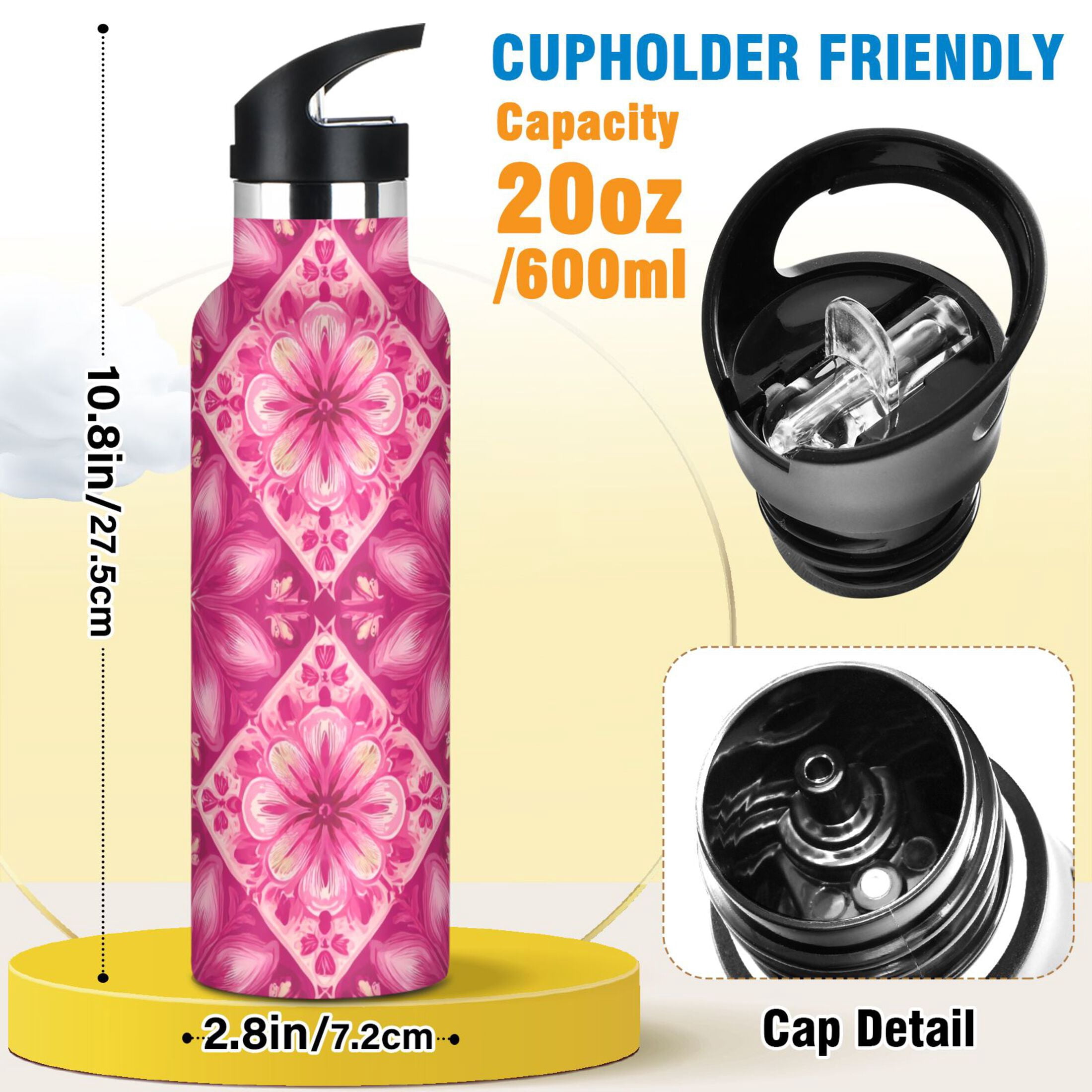 600ML Stainless Steel Insulated Cup Sports Water Bottle Portable Thermos Cup Water Glasses Insulated Tumblers Convenient and Durable Beautiful Pink Pattern
