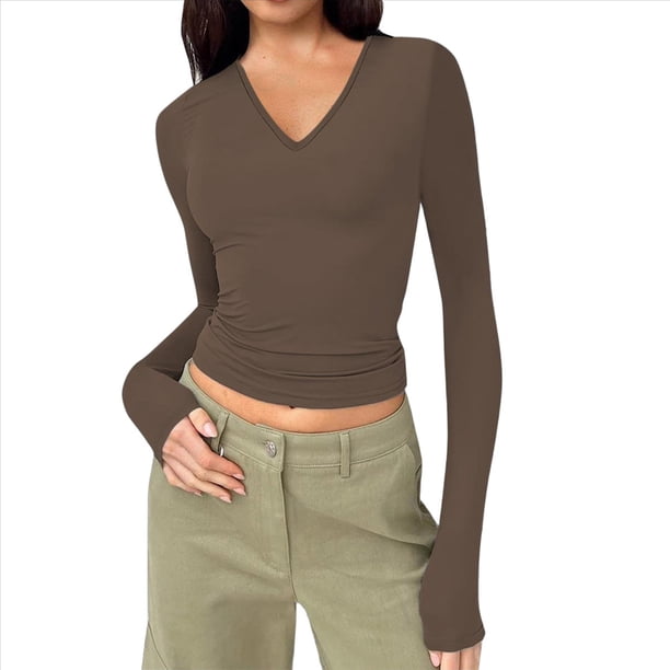 Camisas de Larga de Moda para Mujer, Blusas de Otoño con Cuello en V, Ajustadas y Recortadas, Conjuntos Y2K. Camello L