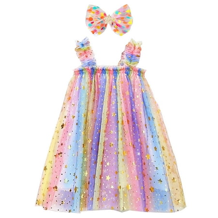 

ZRBYWB Toddler Girls Dresses Sleeveless Rainbow Tie Dyed Star Sequin Tulle Ruffles Princess Dress Dance Party Dresses Clothes Summer Girl Clothes