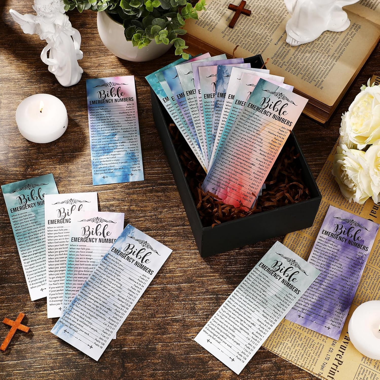 100 Pcs Christian Bible Verse Emergency Numbers Bookmark Christian Church Gift 2.36 x 6'' Religious Books of The Bible Bookmark for Women Men Catholic Retreat Sunday School(Colorful)