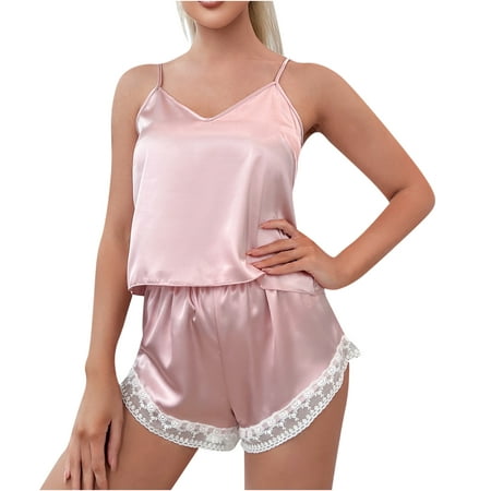 

Silk Pajamas Set Women Satin Camisole Sleepwear Lingerie 2 Piece Pjs Crop Cami Top V Neck and Lace Trim Shorts Nightwear