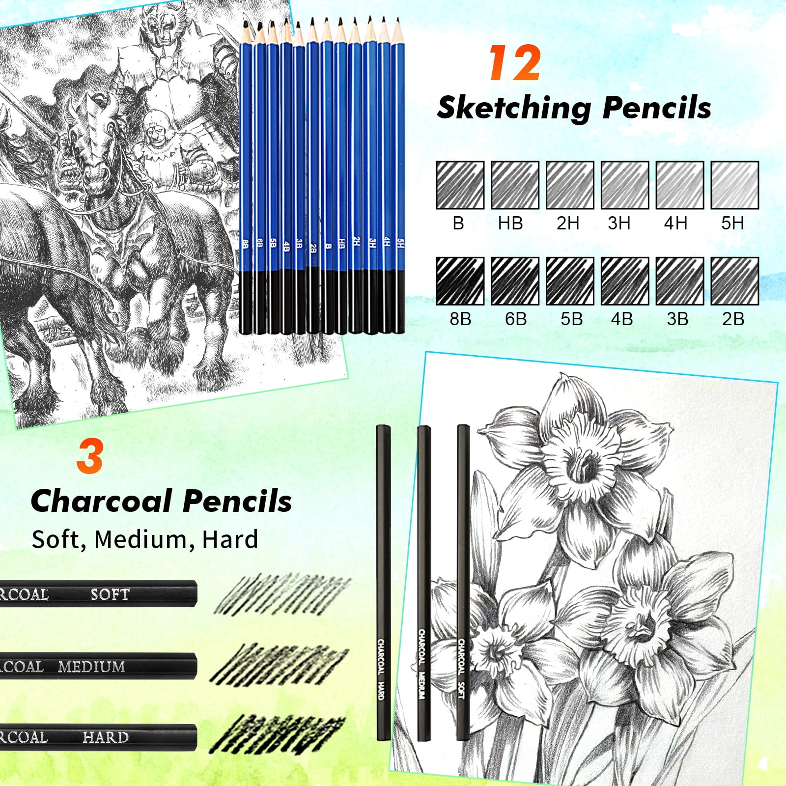 Qoosea Art Supplies 96 Pcs Drawing Kit for Artist Adult Kids,Drawing Pencils Kit,Sketching Set,Include Charcoal & Colored Pencil,Graphite Pencil,Sketchbook