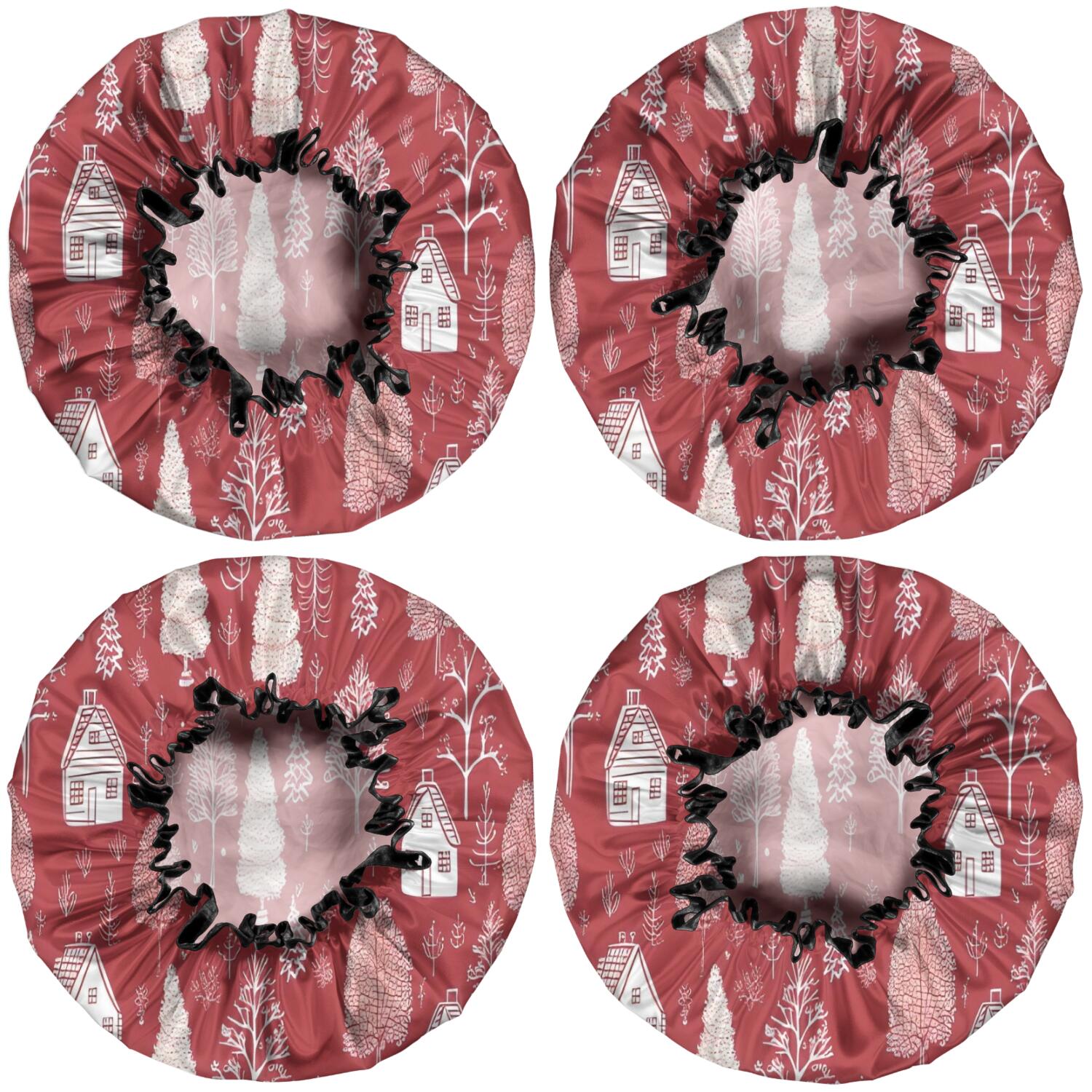 Shower Caps,Red Christmas Village Pattern Waterproof Shower Cap for Women 4 Pieces,Double Reusable Hair Cover for Shower PEVA Elastic Stretch Hem