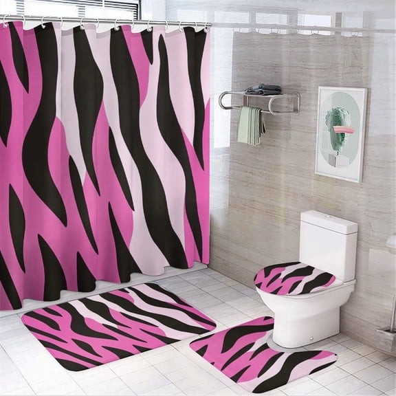 4 Piece Bathroom Shower Curtain Sets Bathroom Sets with Curtain Rug Toilet Cover And U Shaped Mat Pink And Black Zebra Print Waterproof Durable Bathroom Decor Shower Animal Stripe Zebra