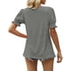thumbnail image 4 of Camisa informal holgada de color puro con detalle fruncido para mujer, talla S, color gris, cuello en V, mangas abullonadas, para verano, 4 of 6