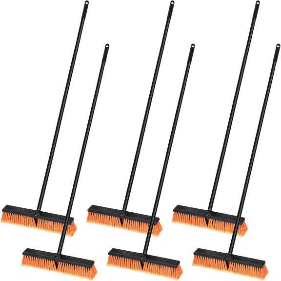 6 Pack 18 Inches Push Broom Outdoor, Multi Surface Garden Brush Broom with Adjustable 63" Long Handle for Deck, Driveway, Patio, Warehouse, Garage, Yard, Concrete Floor Cleaning (Orange)
