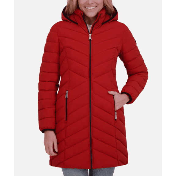 DKNY WALKER PUFFER QUILTED LINED HOODED JACKET RED SMALL
