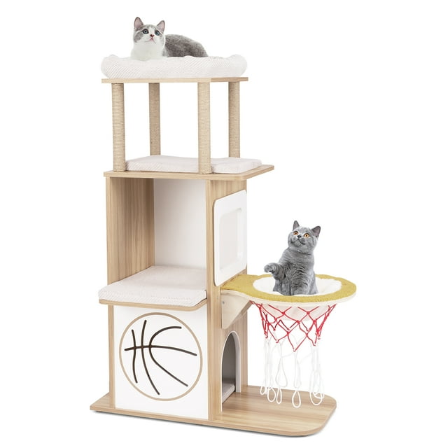 Gymax 47'' Wooden Cat Tree w/ 2-Story Cat Condo 2 Perches Basketball Hoop Hammock