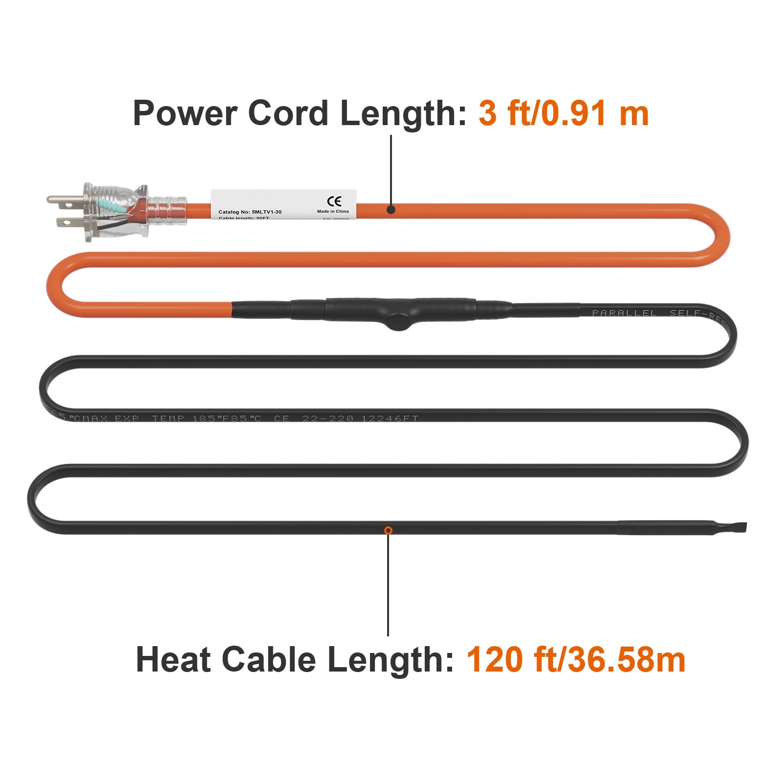 KFFKFF Self-Regulating Pipe Heating Cable, 120-ft 5W/ft Heat Tape for Freeze Protection, Suitable for PVC, Metal, and Plastic Pipes, 120V