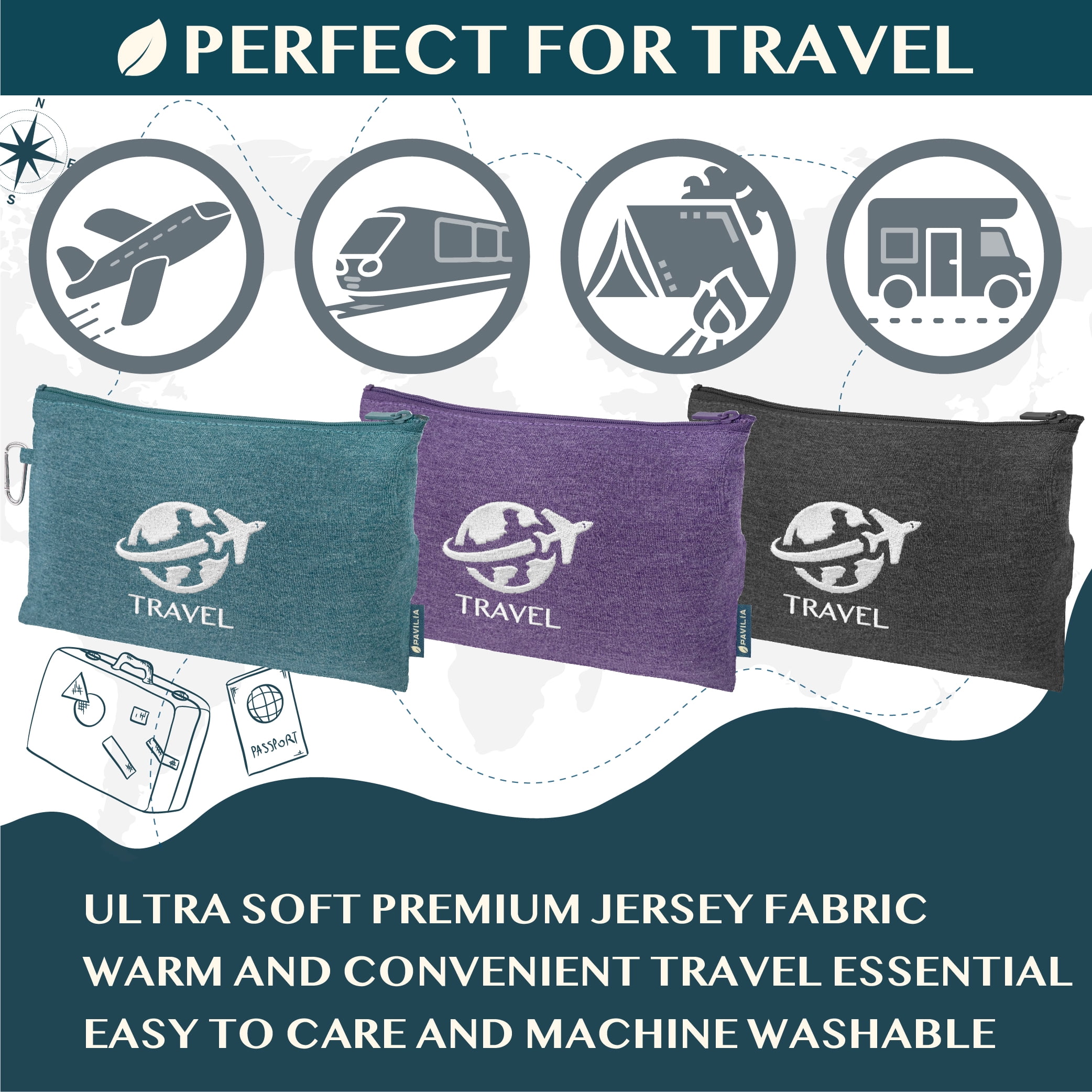PAVILIA Soft Compact Travel Blanket and Pillow, Foldable Airplane Blanket in Bag, Lightweight Portable Flight Blanket Set with Luggage Strap, Camping Plane Car Home Office Gift Accessories, Black