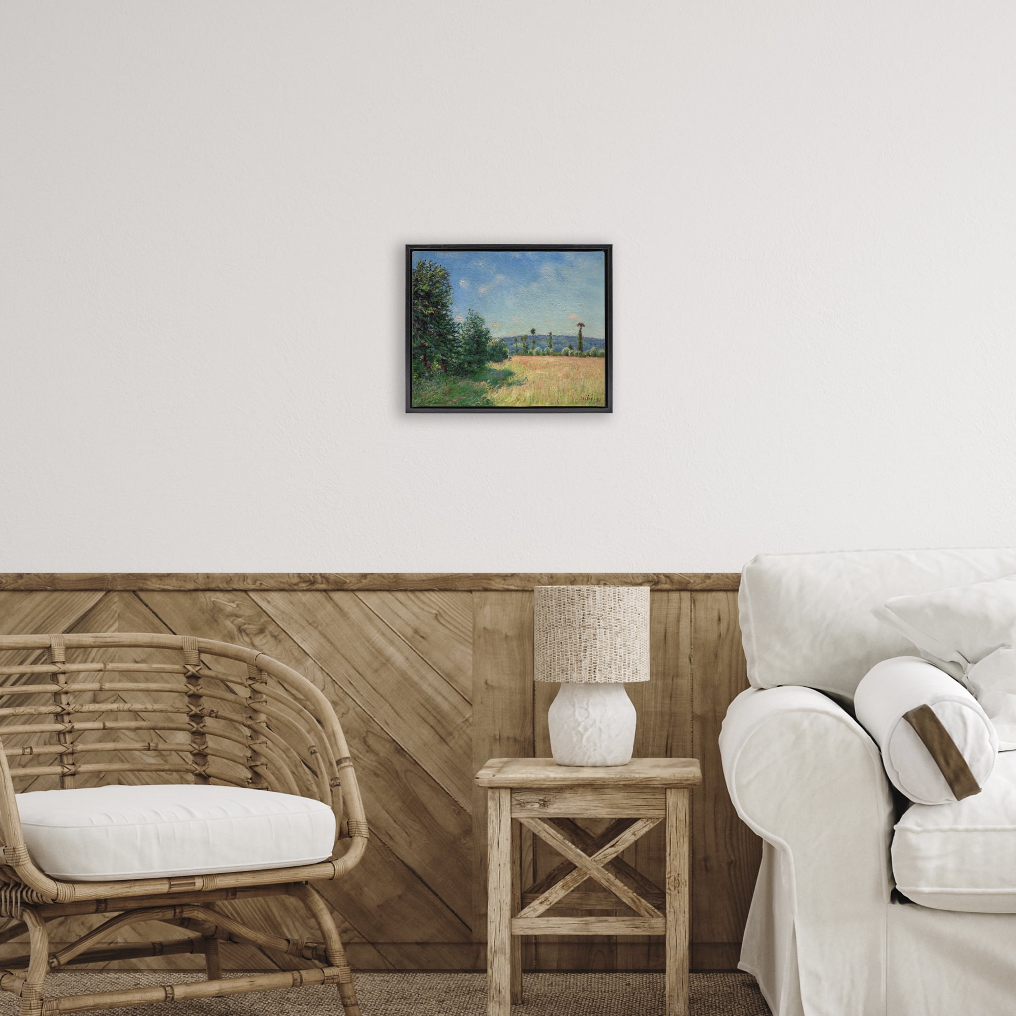 Sahurs Meadows in Morning Sun Black Framed Floater Canvas Wall Art, design by Alfred Sisley