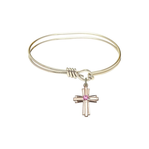 5 3/4 inch Oval Eye Hook Bangle Bracelet w/ Cross medal charm w/ Rose Swarovski Crystal