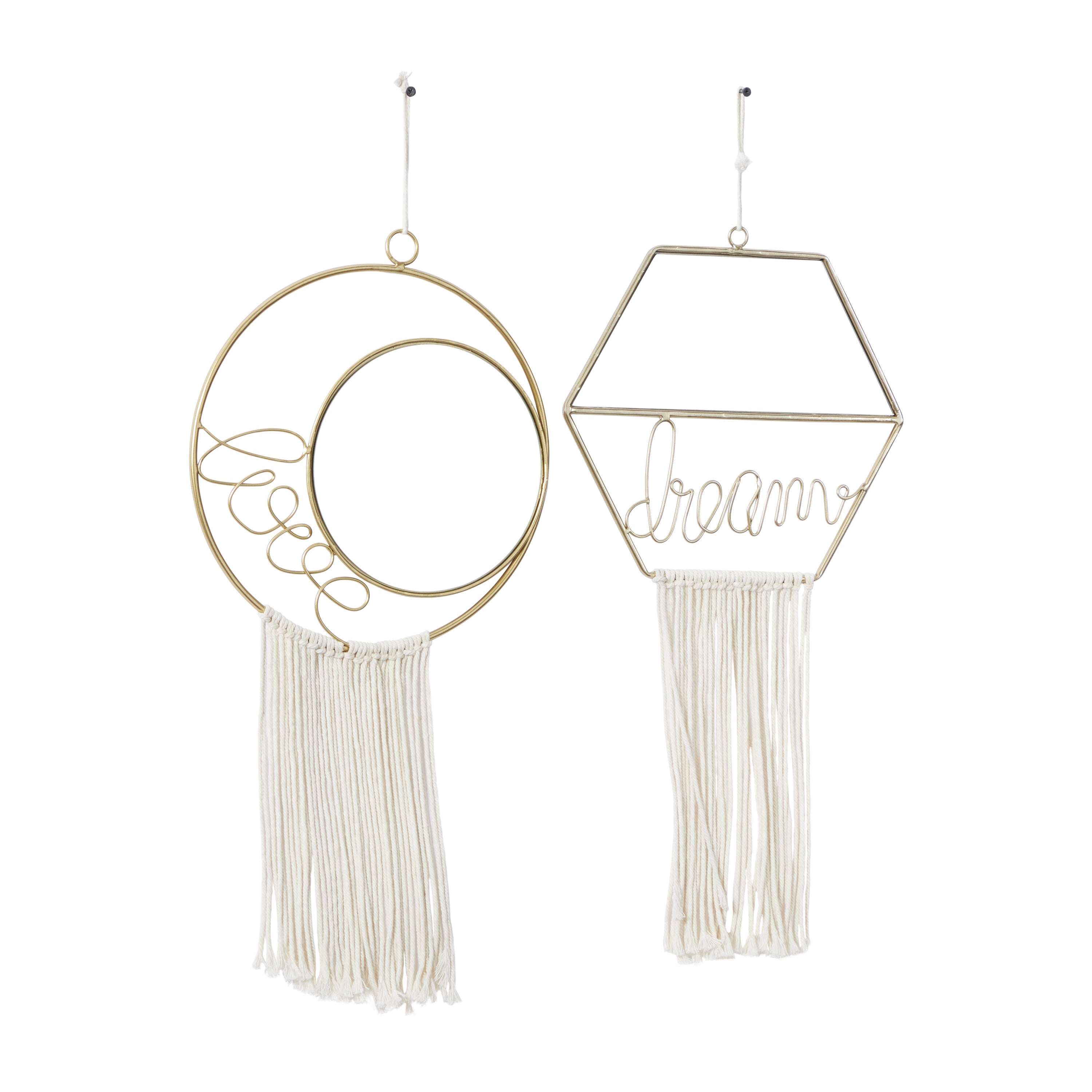 DecMode 27", 28"H Gold Handmade Dream, Love Wall Mirror with Fringe Tassels, Set of 2