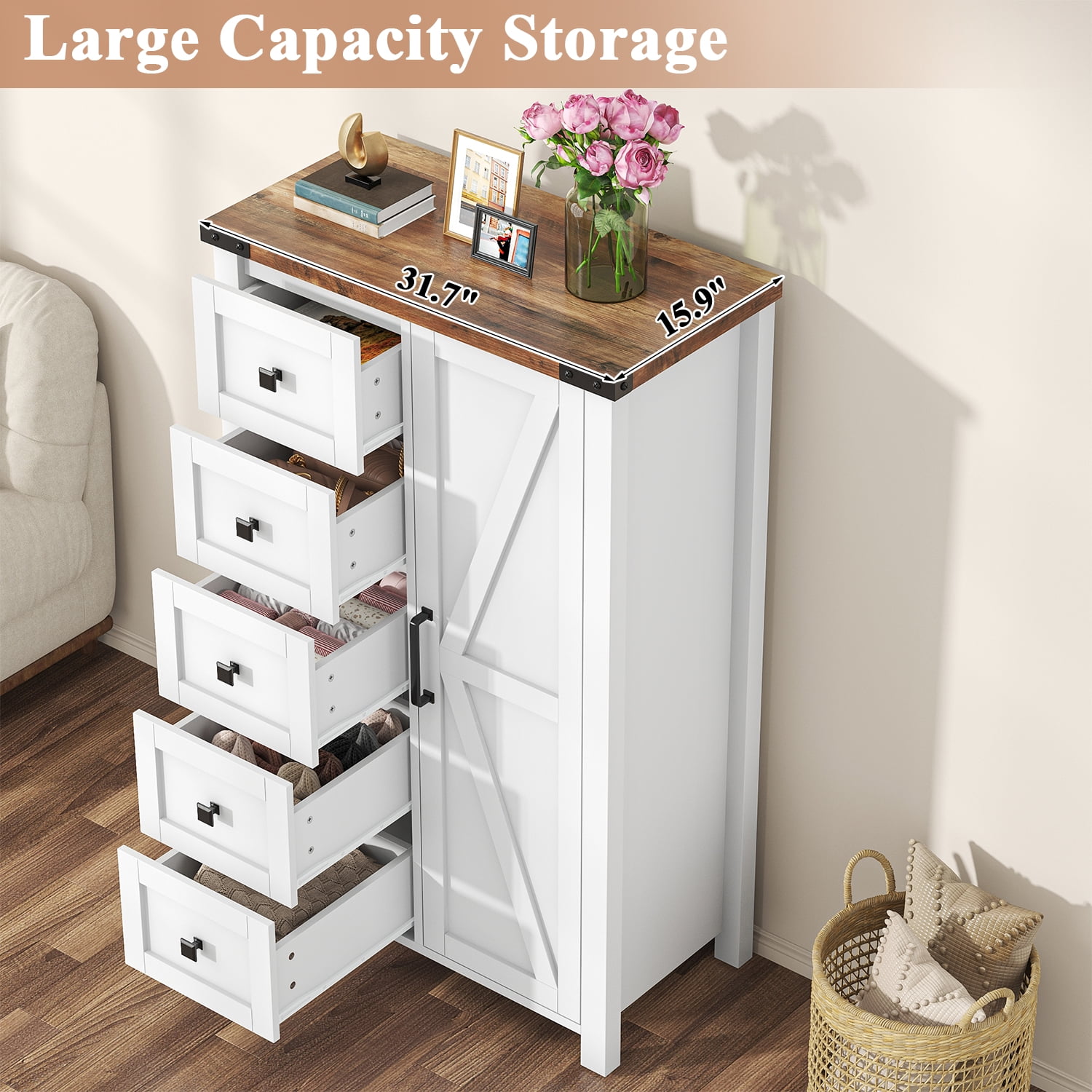 Winkalon 5 Drawers Dresser Chests for Home Bedroom, Farmhouse Wood Rustic Tall Chest of Drawers, Pull Storage Cabinet,White