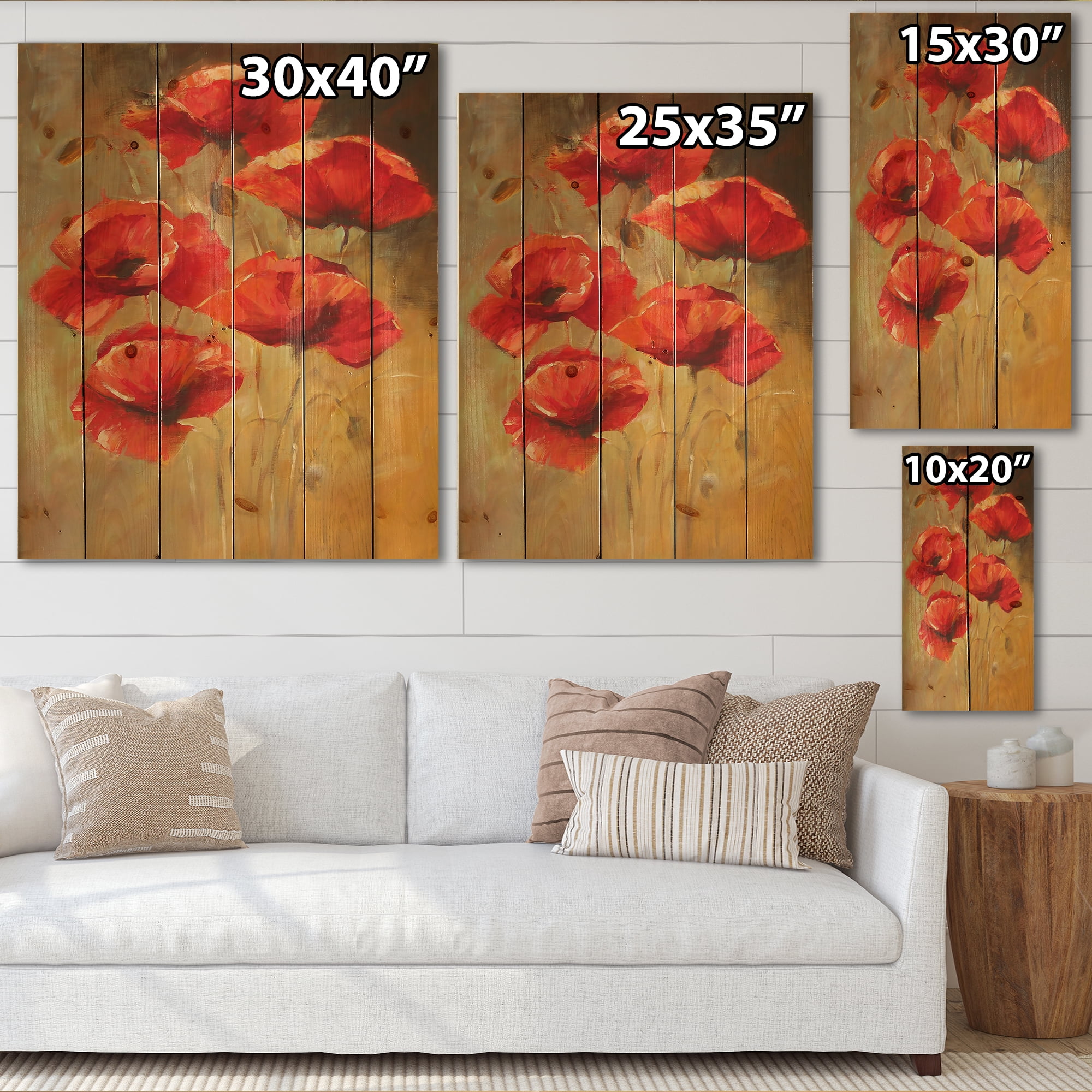 Designart 'Ancient Blooming Poppies II' Traditional Print on Natural Pine Wood