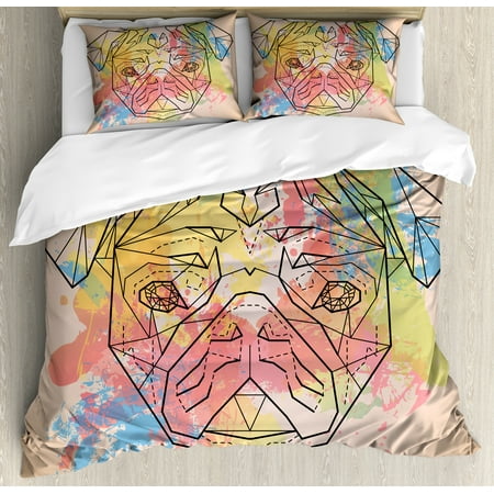 Pug Queen Size Duvet Cover Set Vibrant Colored Background With Color Splashes And Line Art