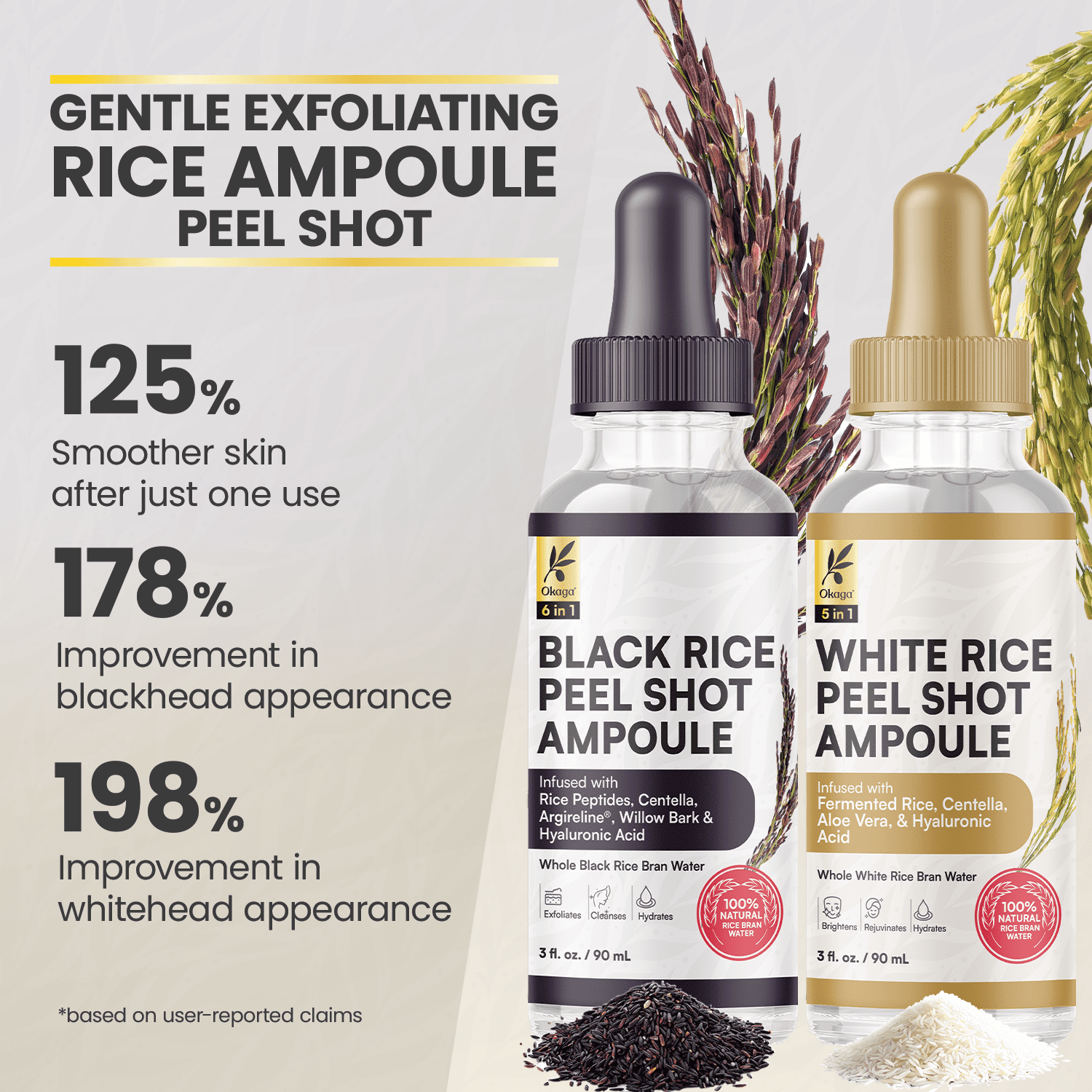 Okaga Peel Shot Duo, Black & White Rice Exfoliant Skincare Set for Face, Gentle Daily Glow Peel & Advanced Peel Shot, Removes Dead Skin for a Smooth, Radiant & Brighter Complexion for All Skin Types