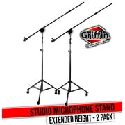 Studio Microphone Boom Stand with Wheels (2-PACK) by GRIFFIN | Professional Telescoping Mic Holder for Recording & Stage | Tall Adjustable Arm Mount & Retractable Tripod Legs on Casters