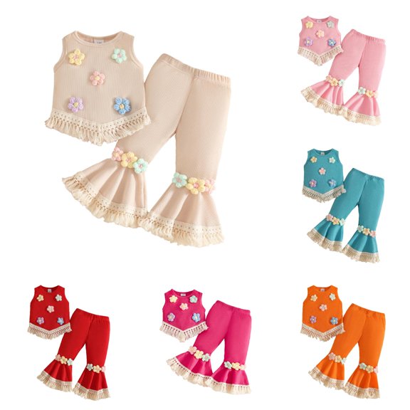 Yuhangmm Toddler Girls Sleeveless Floral Tassels T Shirt Vest Tops Pants Kids Outfits Clothes for Twin Baby Girls White 18-24 Months