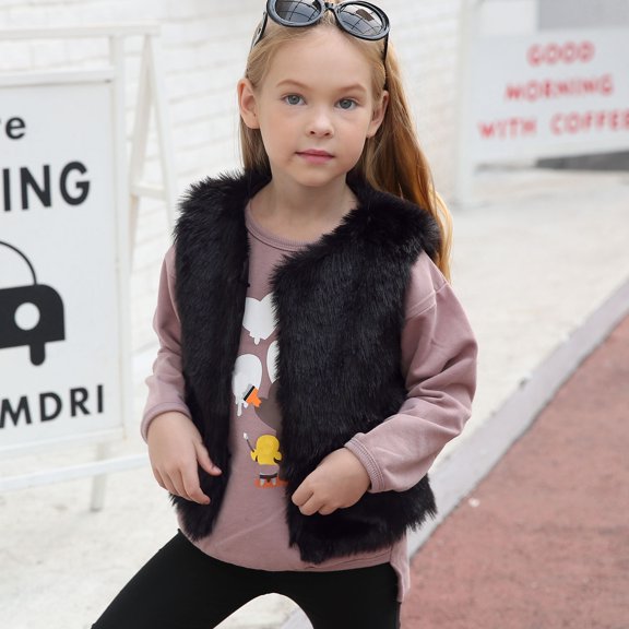 EnJoCho Little Girls Fa𝗎x F𝗎r Fleec𝖾 Vest Jacket Winter Thick Warm Waistcoat Sleeveless Outerwear Stylish Vest Coat Kids 1-6 Years Fuzzy Outer Garment Puffer Vest