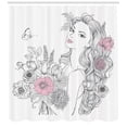 thumbnail image 1 of Face Shower Curtain, Nature Theme Flowers Butterfly and Girl Sketch Illustration Romantic, Fabric Bathroom Set with Hooks, Pale Pink Black and White, by Ambesonne, 1 of 3
