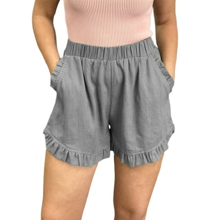 ZPYESWOW Summer Linen Pants for Women Women Casual Shorts Comfy Elastic Waist Summer with Pockets Cotton Linen Wide Leg Shorts Tummy Control Biker Shorts Grey XL