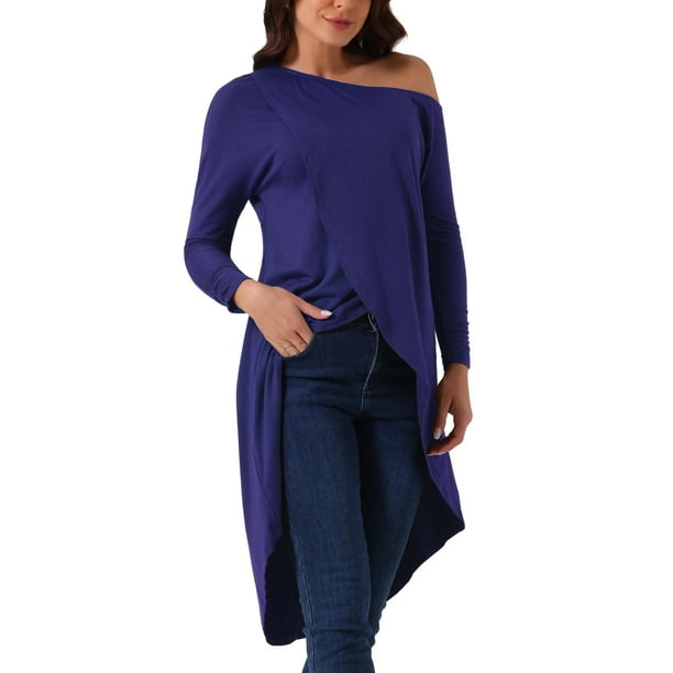 INSPIRAR CHIC Blusa Casual de Una Sola Manga Larga Asimétrica con Dobladillo Irregular en Color Azul Marino
