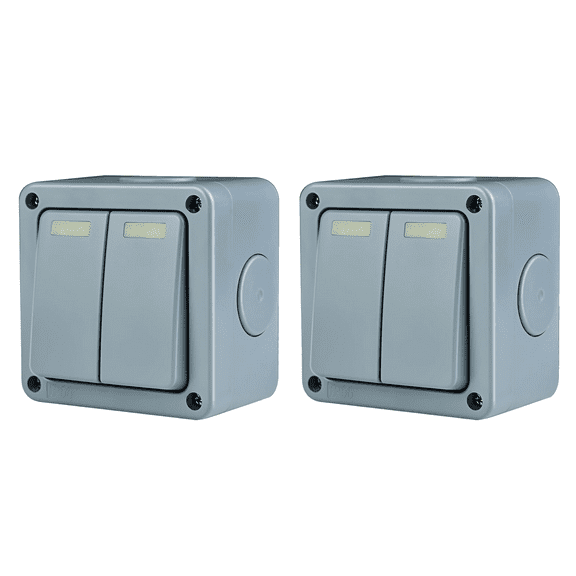 Waterproof  Outdoor Light Switch, GREENCYCLE 2PC 15A 125VAC 2-Gang 2-Way Dual Switch Storm Weatherproof Outdoor Switched 5-Pole Press Socket IP66 Rated