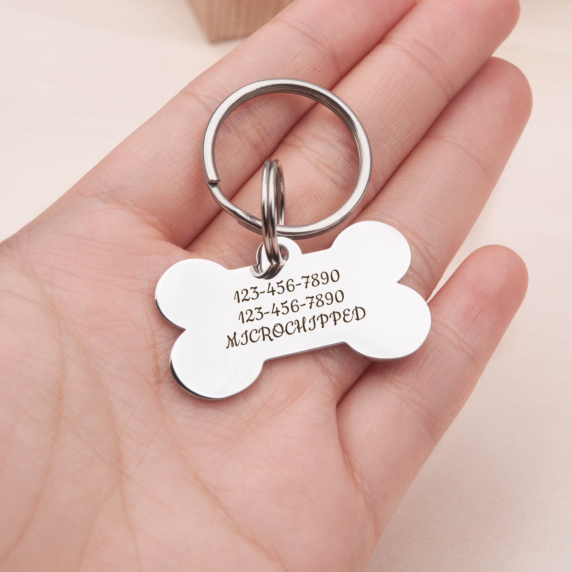 Anavia Metal & Stainless Steel Bone Name Tag with Funny Paw Icon Birthday Holiday Christmas Engraved Dog ID Tag, Silver, M