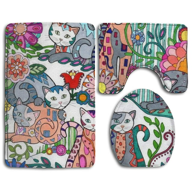 ABPHQTO Flor y gato Juego de alfombras de baño de 3 piezas Alfombra de baño Alfombra de contorno y tapa de inodoro