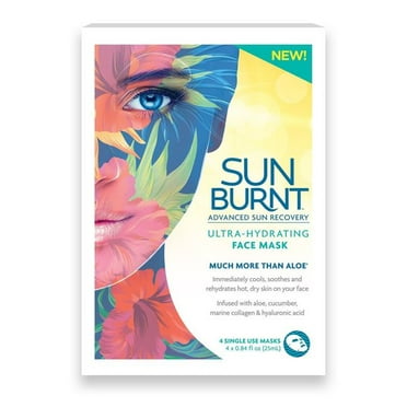 SunBurnt® Ultra Hydrating Face Sheet Mask With Calendula, Cucumber, Marine Collagen, Hyaluronic Acid and Shea Butter to help soothe, hydrate, cool dry skin, sunburn relief, 4 Single Use Masks