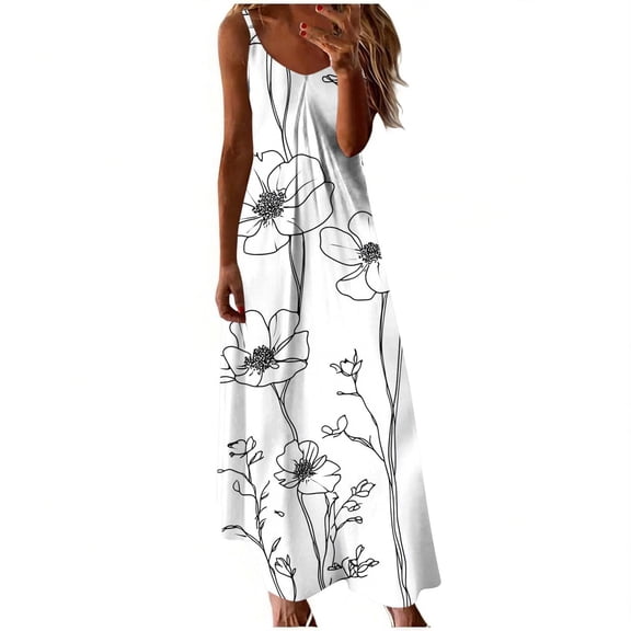Makaor Sun Dresses Women Floral Maxi A Line Dresses Plus Size Sleeveless Spaghetti Strap Dress Scoop Neck Beach Vacation Clothes S