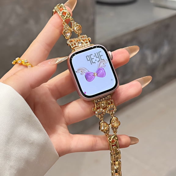 Compatible with Apple Watch 38/40/41/42mm(S10) Bracelet Strap Band,Sparkle Metal Bracelet Wristband,Dressy Glitter Diamond Bowknot Design,Metal Adjustable Strap WristBand,Gold