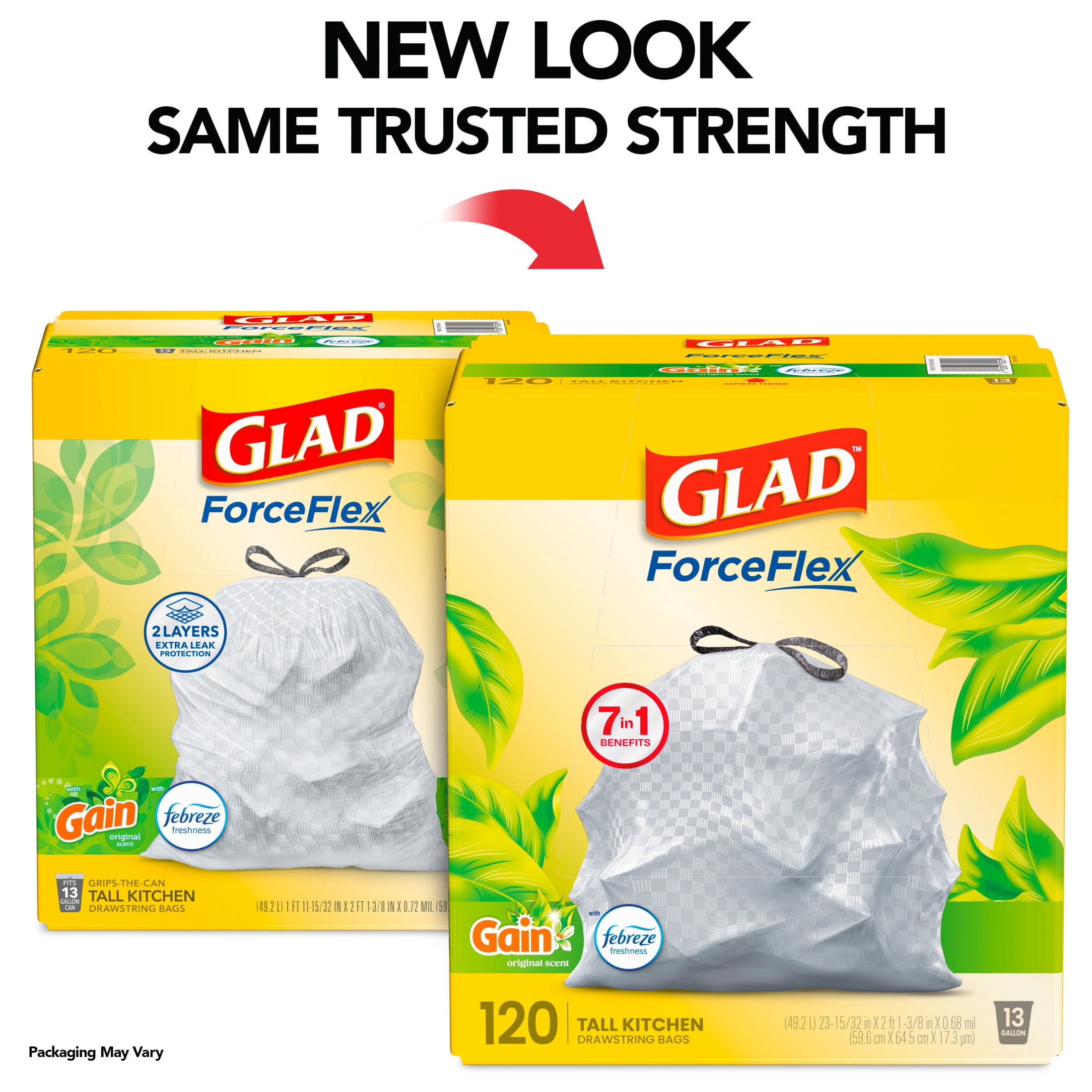 Glad ForceFlex Tall Kitchen Drawstring Trash Bags, 13 Gal, Gain Original, 120 Count