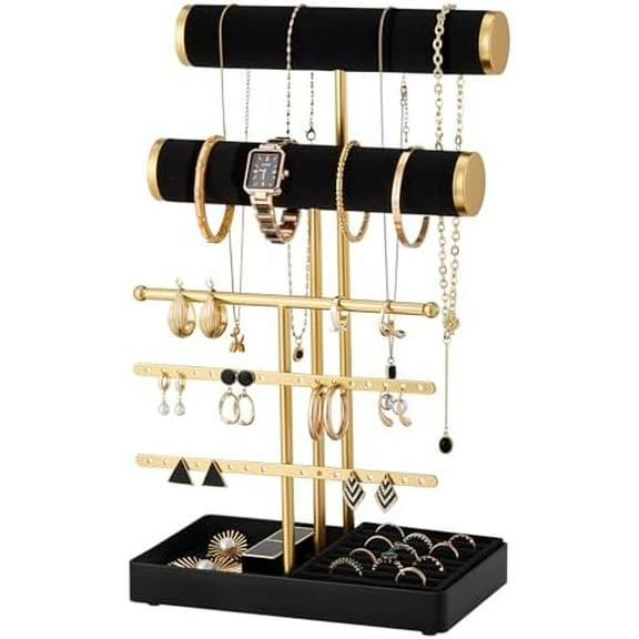 Bracelet Display Stand Necklaces Holder, 5 Tiers Jewelry Organizer and Storage Rack with Velvet Slot and Metal Base, for Women Bangles Watches Ring Earrings -Black